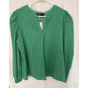 Merokeety Eyelet Peasant Top Womens Size M Green V-neck Cottage Core BOHO Lined